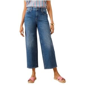 Talbots Blue Denim Wide Leg Cropped Jean Hi-Rise Como Wash Distressed Stretchy